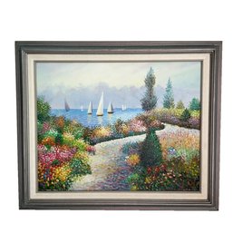 Framed Original Painting On Canvas Of A Coastal Harbor Scene With Sailboats In The Background And Flowers