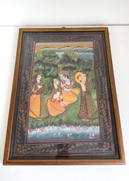 Radha-Krishna. Vintage 20th-century Indian Painting On Silk, Framed.
