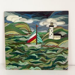 Coastal Painting On Board. Abstract Waves Depicting A Sailboat & Lighthouse. Initialed DW Lower Right Corner