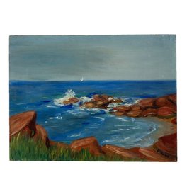 Vintage Seascape Painting On Canvas. Nautical. Shoreline. Coastal Wall Art. Waves & Rocks. Signed Rowe.