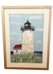 Framed LARGE Coastal Impressionist/ Folk-style Painting Of A Stone Light House. Maritime Art. Unsigned.