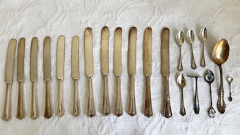 Misc Lot Of Silver Plated Utensils & 1 Sterling Silver Salt Spoon.