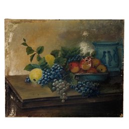 Antique Oil On Canvas Still Life Painting Depicting Fruit And A Blue Pitcher. Shabby Chic, Country Decor.