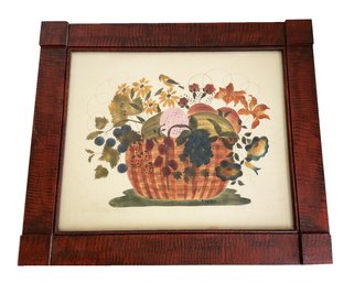 Framed Vintage Folk Art Theorem Painting By Hope Angier Featuring A Fruit Basket And Flowers. Signed.