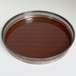 Small Round Serving Tray With Faux Wood Base And Metal Rim