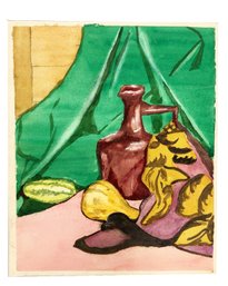 Vintage Watercolor Still Life. Unsigned. Decanter & Fruit. Colorful Art.