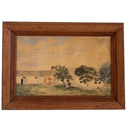 Framed Landscape Watercolor Painting. House With Barn & Trees Scene.