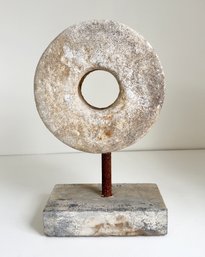 Antique Millstone Disc Mounted On A Rustic Stand. Garden Decor. Home Accents. Sculpture.