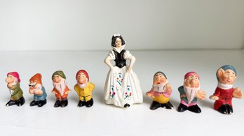 Vintage Snow White & The Seven (7) Dwarves Figurines. Small Painted/glazed Bisque Ceramics. Disney.