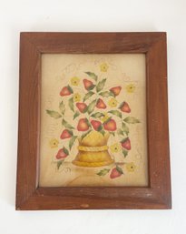Framed Vintage Theorem Painting Of Strawberries. Folk Art.