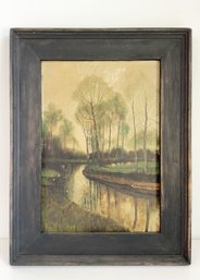 Framed Antique Painting Of Landscape With Cows And Body Of Water. Trees Nature, Primitive Scene.