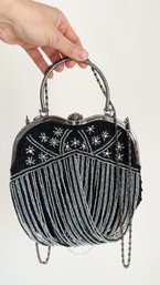 Vintage Black And Silver/clear Beaded Evening Bag. Shell Clasp.