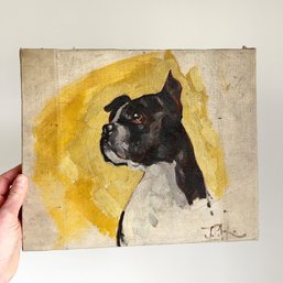 Vintage Dog Painting. Oil Paint On Stretched Canvas. 12' X 10'. Yellow Background. Signed J.P.R. Initials.