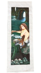 Tall Vintage Mermaid Painting On Fabric Panel. 58 Inches. Replica Of Painting By John William Waterhouse