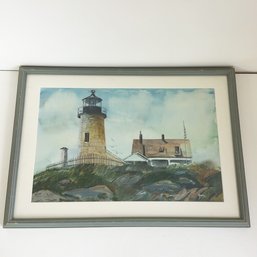 Vintage Framed Watercolor Painting Of Pemaquid Point Lighthouse (Maine). Signed J.M. Initals.