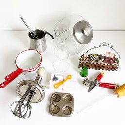 Vintage Kitchen Tools And Misc. Housewares Lot. Starbucks, Cookie Jar, Pans/pots, Decor.