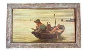 Antique Framed Oil Painting Of A Boy In A Row Boat Fishing