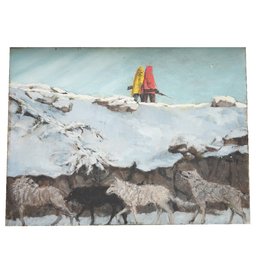 Vintage Painting Of Hunters And Wolves. Winter Scene. Inscribed On Back Of Canvas Frame 'the Wolfpack'