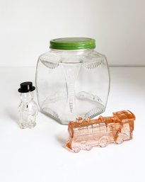 Three (3) Pieces Of Vintage Glass: Glass Canister & Two Glass Candy Containers