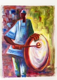 Vintage Colorful African Painting Of A Drummer. Signed Ed Oluokun. 18'x24'
