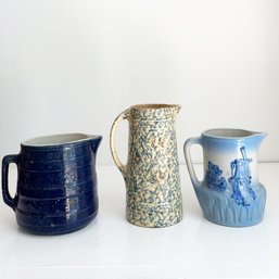 Three (3) Antique Blue Decorated Stoneware/ceramic Pitchers. Spongeware, Blue Glaze & Salt Glaze