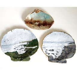 Three (3) Antique Hand Painted Sea Shells. Seascapes And Winter Landscape.