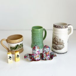 Antique And Vintage Lot:  3 Decorated Mugs And 2 Sets Of Salt And Pepper Shakers