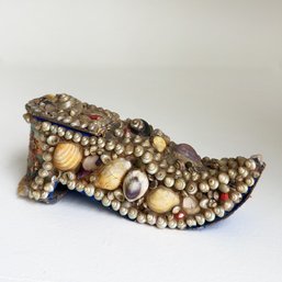 Small, Antique Sea Shell Decorated Ladies Shoe. Victorian Era Shell Encrusted Trinket Box. Sailor's Valentine.