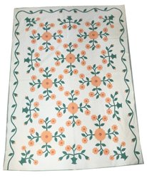 Vintage Floral Quilt. White, Green And Orange Colors. Flowers & Vine Quilt. 72' X 99'