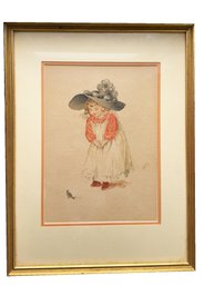 Signed Watercolor Of A Young Girl & Bird. 'murray'