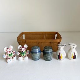Three (3) Sets Of Salt & Pepper Shakers In A Vintage Produce Basket