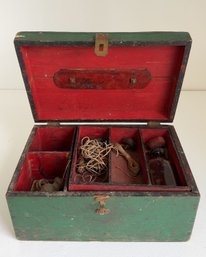 Antique Fishing Lot In Green & Red Painted Box With Lid And Handle