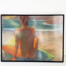 Vintage Pastel Of A Nude Woman By The Coast. Colorful Art. Framed 24'x18'. Signed.