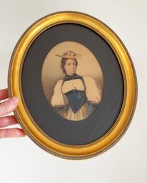 19th Century Antique European Watercolor Portrait Of A Young Woman In Oval Frame. Black Matte. Gold Frame.