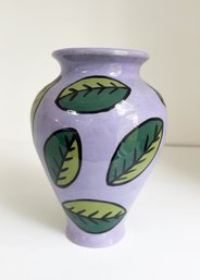 Lavender Glazed Ceramic Vase Decorated With Green Leaf And Black Line Motif. Signed Delilah 2000