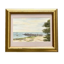 Framed Watercolor Painting Of A Coastal Dock Scene With Small Sailboat. Gold Colored Frame. 12' X 10'