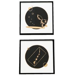 Two Small Framed Works On Paper. Black And Gold Paint. Abstract Decor.