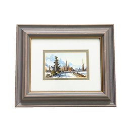 Small, Framed Watercolor Painting Of A Winter Mountain Landscape. Titled 'winter Hunter Road'.