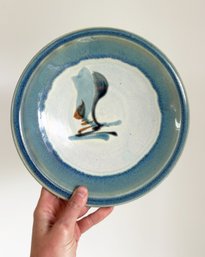 Signed Round Art Pottery Plate. Abstract Design. Blue And Grey Colored Glaze.