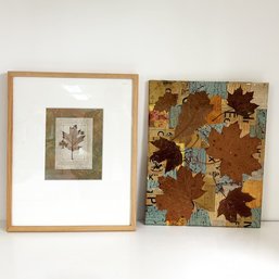 Two Nature-themed Art Pieces. Oak Leaf Art. Nan Goss And Other Unsigned Piece. Decoupage With Real Leaves.