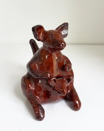 Handmade Ceramic Kangaroo And Joey Figurine In A Glossy Dark Brown Glaze. Signed And Dated 1969
