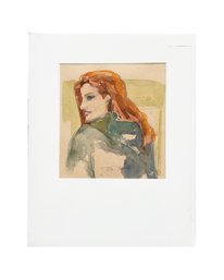 Original Watercolor Portrait Of A Woman With Red Hair Looking Over Her Shoulder, Matted & Signed Tila Townsend