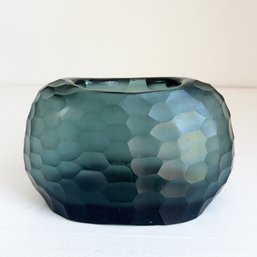 Dark Teal Blue Vintage Faceted Art Glass Vase
