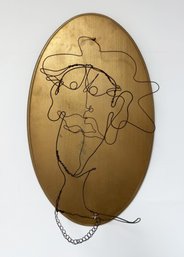 Wire Portrait Sculpture Mounted On A Gold-painted Oval Wooden Plaque. Abstract Art. Signed On Back.
