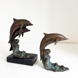 Two Vintage Metal Dolphin Small Statues. Home Decor. Bronze/brass Finish. Coastal Decorations.