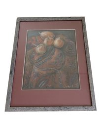 Framed Still Life Artwork Featuring Onions Arranged On A Patterned Fabric. Pastel On Paper. Signed.
