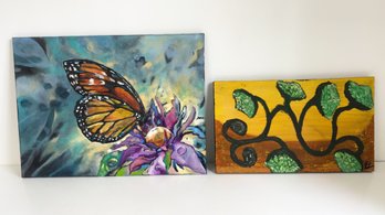 Two Colorful Nature Inspired, Abstract Paintings On Canvas. Butterfly. Plant Matter. Organic. Wall Art. Flower