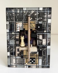 Small Mixed Media Art. Signed. Roderick Slater. 'a Total Of Xi'. Collage And Acrylic Paint. Chess Pieces.