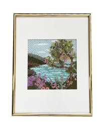 Framed Needlepoint Artwork. Ginny Lee Designs. Lanscape, Water, Trees Flowers. Wall Art. Home Decor.