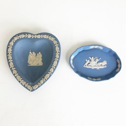 Two Pieces Of Light Blue And White Wedgwood. Small Dishes. Heard Shaped And Oval. Jasperware Trinket Dishes.